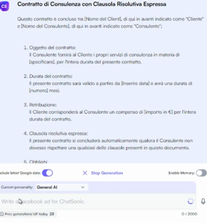 ChatSonic contratto