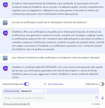 ChatSonic certificazioni